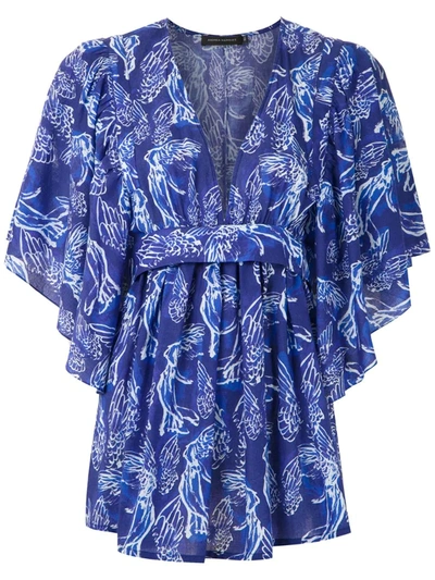 Andrea Marques Printed Tie Waist Blouse In Blue