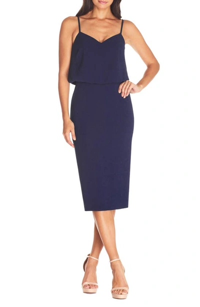 Dress The Population Alondra Blouson Sheath Dress In Midnight Blue