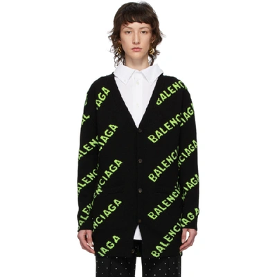 Balenciaga Logo Jacquard Wool Knit Maxi Cardigan In Black