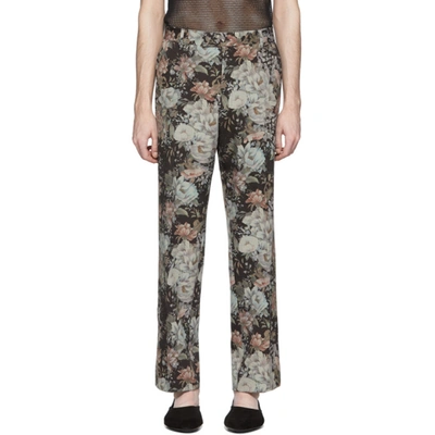 Dries Van Noten Black And Green Floral Trousers In Brown