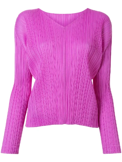 Issey Miyake V-neck Technical Pleated Blouse In Purple