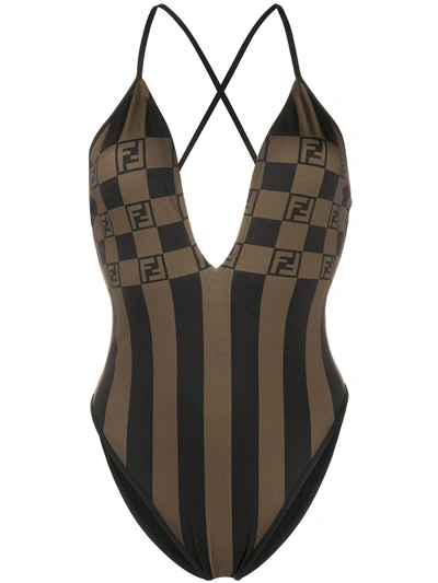 Fendi Logo & Stripes Lycra One Piece Swimsuit In Brown