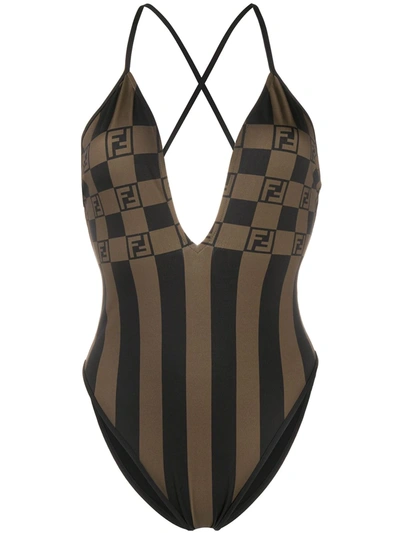 Fendi Logo Stripes Lycra One Piece Swimsuit In Brown ModeSens