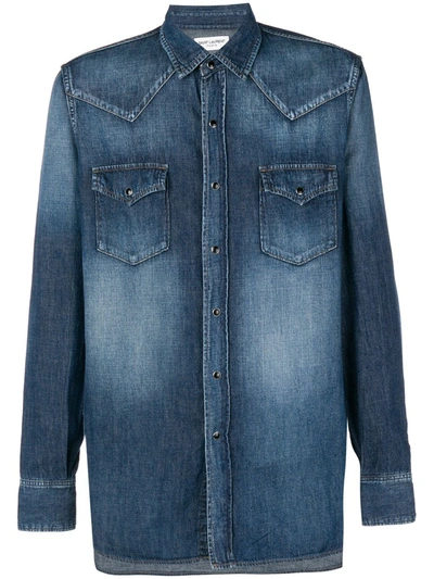 Saint Laurent Faded Western Denim Shirt In Blu Denim