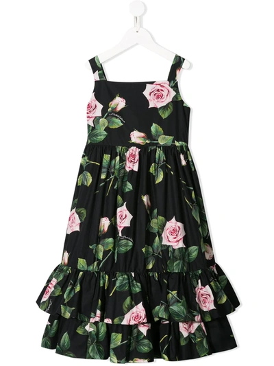 Dolce & Gabbana Kids' Rose Print Cotton Poplin Dress In Black