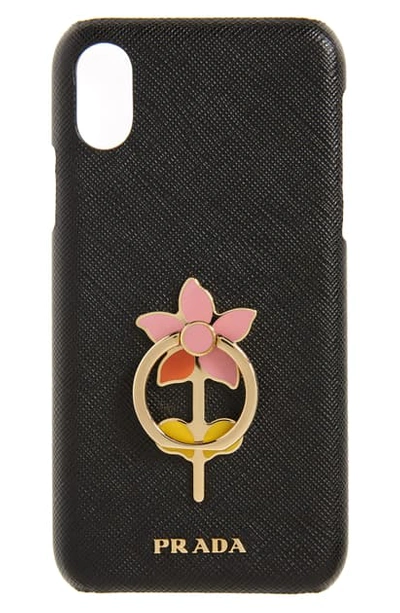 Prada Flower Ring Saffiano Leather Iphone 11 Pro Max Case In Nero