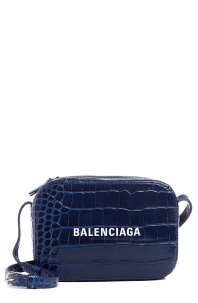 Balenciaga Extra Small Everyday Aj Croc Embossed Calfskin Leather Camera Bag In Navy