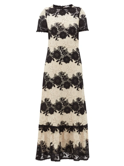 Red Valentino Bicolor Macrame Lace Maxi Dress In Ivory Black