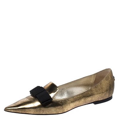 Pre-owned Jimmy Choo Metallic Gold Leather Gala Bow Ballet Flats Size 39