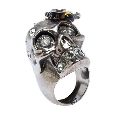 Pre-owned Alexander Mcqueen Bee Crystal Studded Skull Silver Tone Ring Size 52