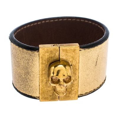 Pre-owned Alexander Mcqueen Gated Skull Gold Tone Leather Wide Bracelet