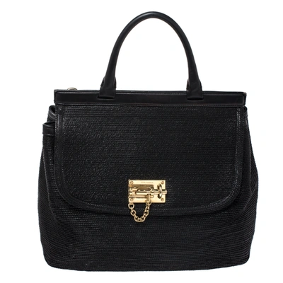 Pre-owned Dolce & Gabbana Black Woven Straw And Leather Miss Sicily Top Handle Bag