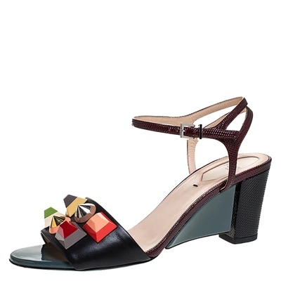 Pre-owned Fendi Multicolor Lizard Embossed And Leather Fantasia Studded Ankle Strap Sandals Size 37.5