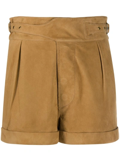 Saint Laurent Buckle-detail Pleated Shorts In Brown