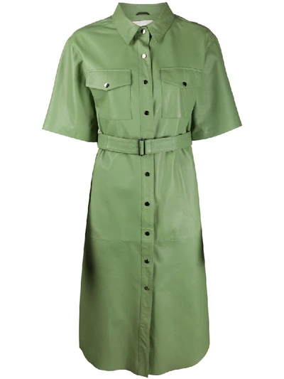 Tela Leather Belted Shirt Dress In Green