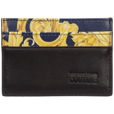 Versace Jeans Couture Men's Genuine Leather Credit Card Case Holder Wallet Logo Baroque In Blue
