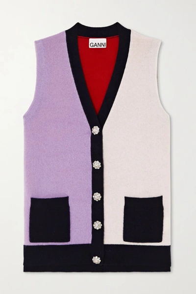 Ganni Crystal-embellished Color-block Cashmere Vest In Lilac