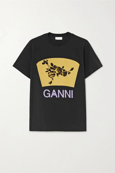 Ganni Printed Cotton-jersey T-shirt In Black