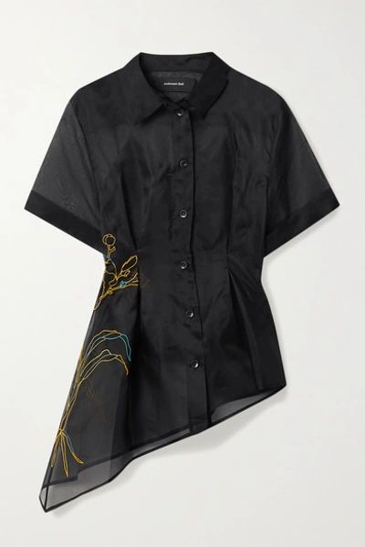 Andersson Bell Asymmetric Embroidered Silk-organza Shirt In Black