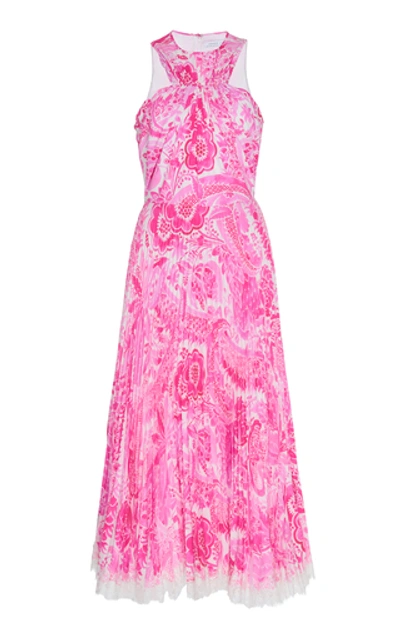 Andrew Gn Paisley-print Plissé-silk Halterneck Midi Dress In Pink