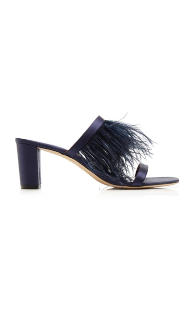 Staud Franka Feather-embellished Satin Sandals In Navy