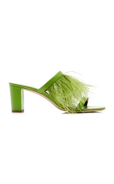 Staud Franka Feather-embellished Satin Sandals In Green
