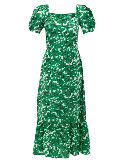 Hvn Fromer Farm-print Silk-crepe Dress In Green