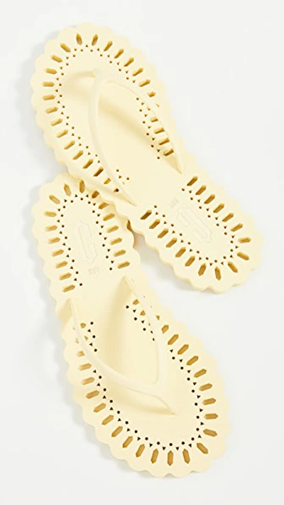 Carlotha Ray Laser-cut Patterned Scented-rubber Flip Flops In Light Yellow