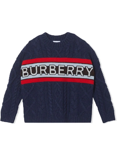Burberry Teen Logo Panel Cable Knit Wool Cashmere Jumper In Blue