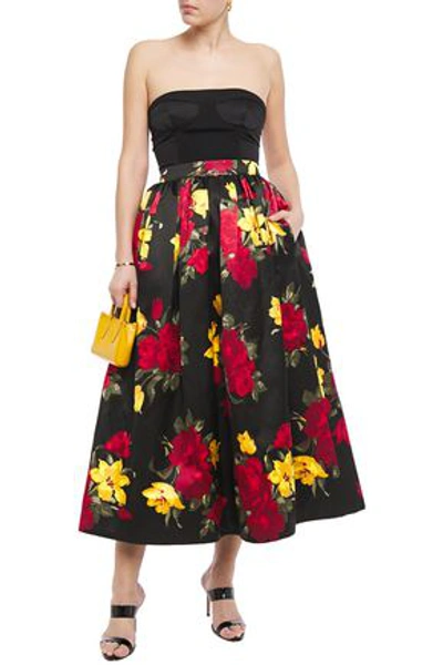 Michael Kors Gathered Floral-print Cotton And Silk-blend Satin Midi Skirt In Black