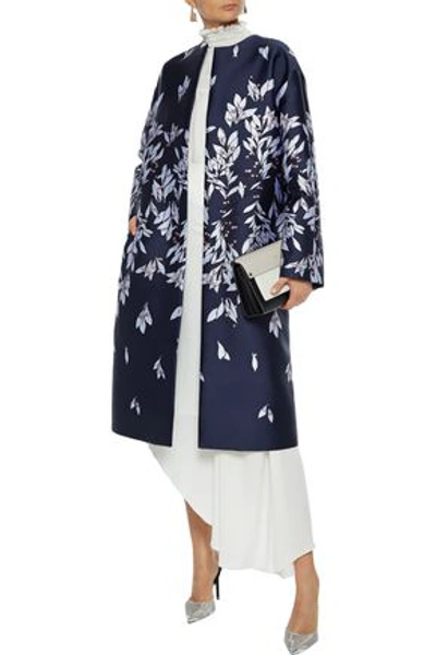 Oscar De La Renta Satin-jacquard Coat In Navy