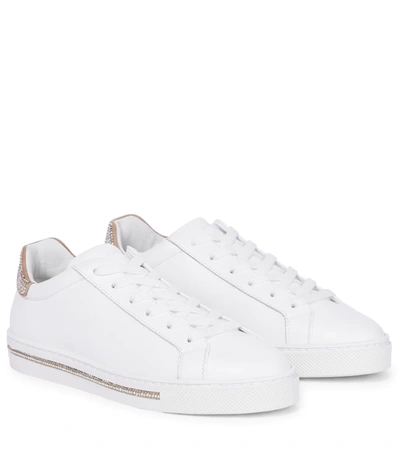 René Caovilla Xtra My Love Metallic-trimmed Crystal-embellished Leather Sneakers In White
