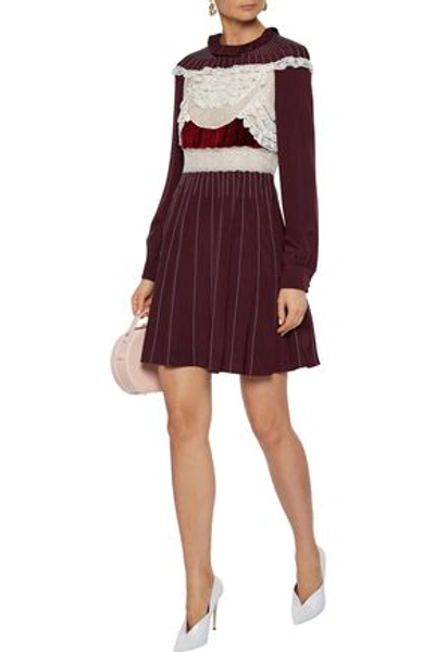 Valentino Velvet-trimmed Chantilly Lace-paneled Silk-jersey Mini Dress In Burgundy