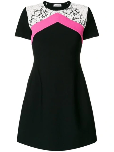 Valentino Lace-trimmed Color-block Stretch-knit Mini Dress In Black