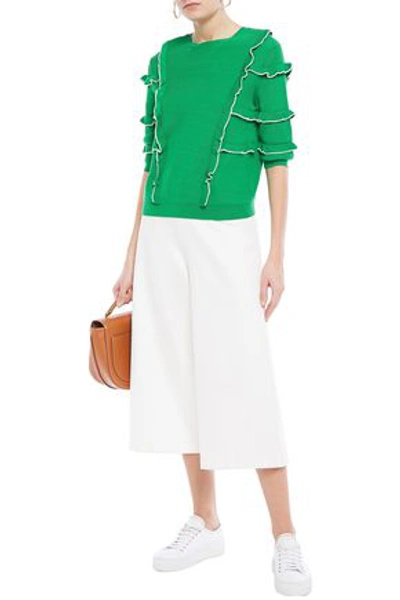 Valentino Ruffle-trimmed Ribbed-knit Top In Green