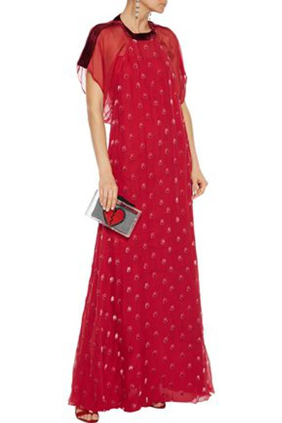 Valentino Quilted Velvet-trimmed Flocked Silk-chiffon Gown In Tomato Red