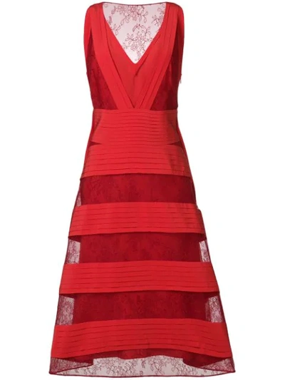 Valentino Sleeveless V-neck Daisy-lace Dress With Pleated Insets In Red