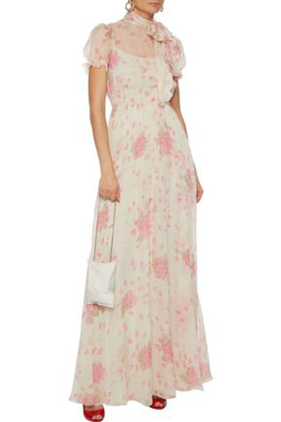 Valentino Pussy-bow Floral-print Silk-chiffon Maxi Dress In Off-white
