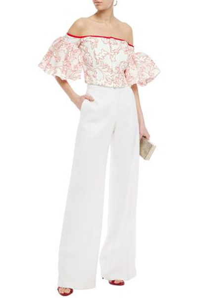 Costarellos Off-the-shoulder Velvet-trimmed Burnout-twill Top In White