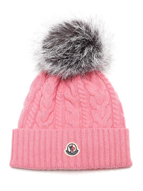 Moncler Cable Knit Pompom Beanie In Pink | ModeSens