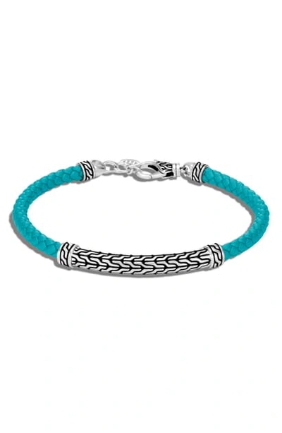 John Hardy Sterling Silver & Aquamarine Leather Classic Chain Lined Flex Bracelet In Turquoise/silver