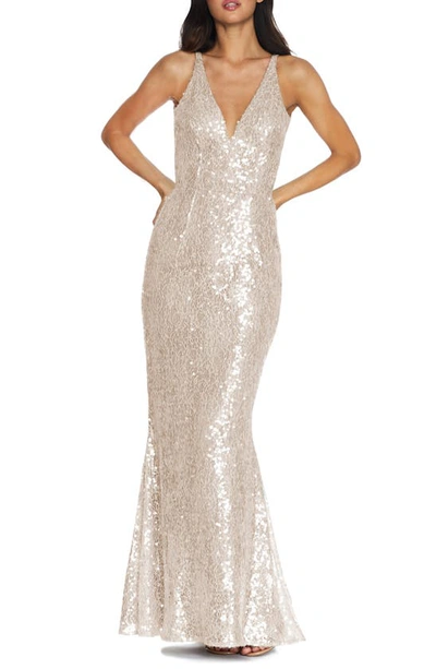 Dress The Population Sharon Lace Sequin Plunge Neck Mermaid Gown In White