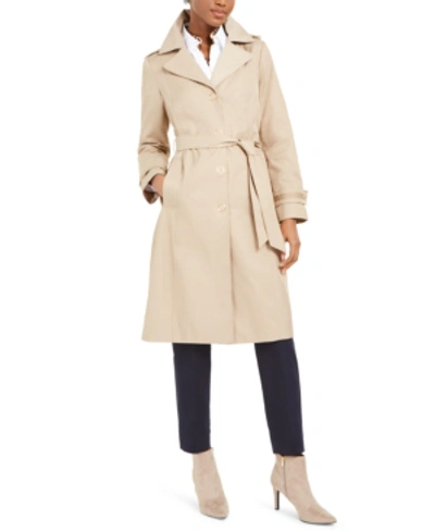 Anne Klein Belted Hooded Water-resistant Raincoat In British Khaki
