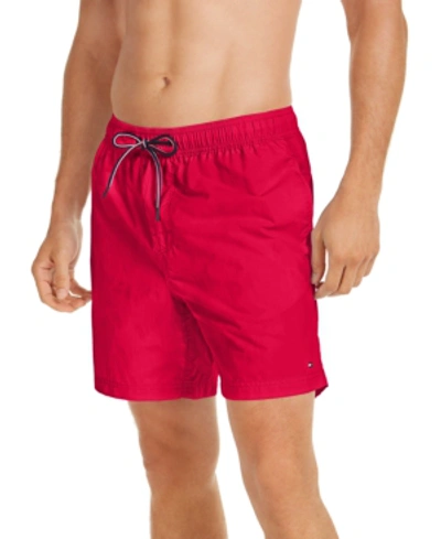 Tommy Hilfiger Mens Solid 5 7 Swim Trunks In Apple Red