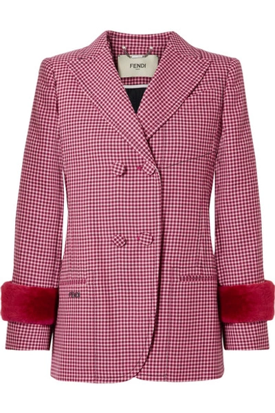 Fendi Double-breasted Shearling-trimmed Houndstooth Wool Blazer In Pink