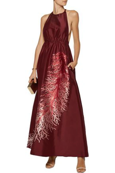 Valentino Gathered Embroidered Silk-faille Gown In Claret