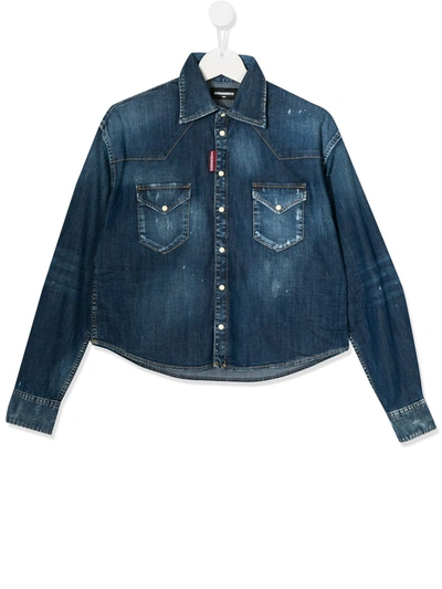 Dsquared2 Teen Distressed Denim Shirt In Blue