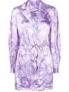 Ganni Long Sleeve Floral Satin Wrap Minidress In White,purple