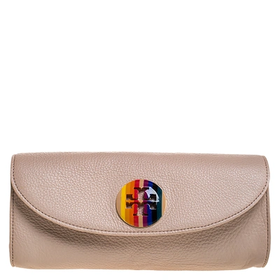 Pre-owned Tory Burch Pink Leather Emma Rainbow Logo Clutch