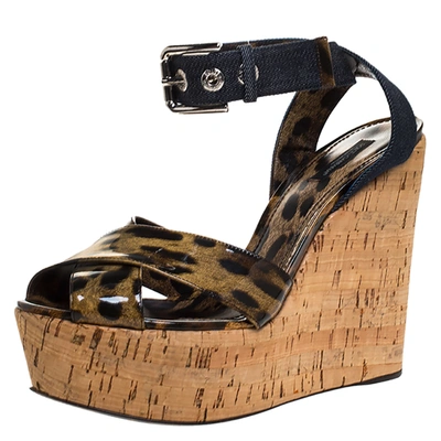 Pre-owned Dolce & Gabbana Leopard Print Patent Leather And Blue Denim Cork Wedge Platform Sandals Size 41 In Multicolor